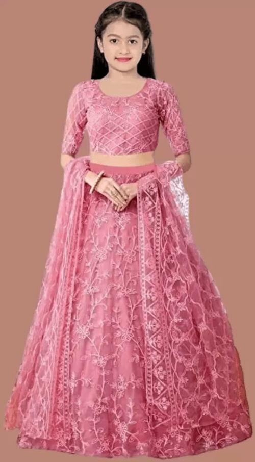 FLENSIRA Stylish Pink Embroidered Net Lehenga Choli Set With Dupatta For Girls (4-5 Years)