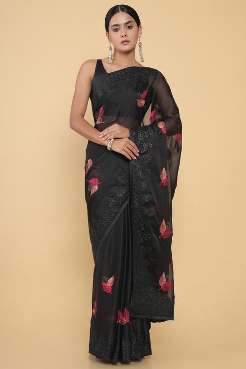 Soch Black Georgette Saree With Leaf Embroidery And Stone Work