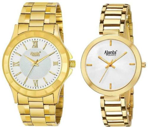 Ajanta Quartz Analog White Dial Gold Strap Watch For Men And Women (Pack Of 2)