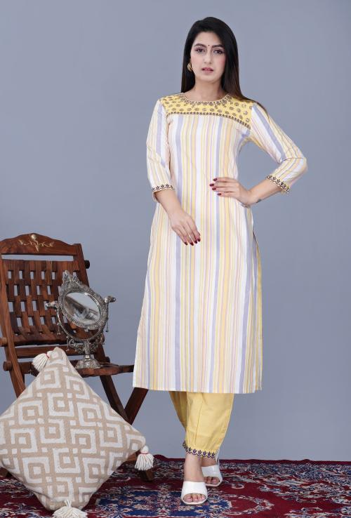 ARISHFA Women's Cotton Embroidered Kurta and Pant Set (Yellow-XL)