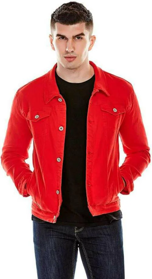 Klizen Men Red Solid Denim Full Sleeve Jacket