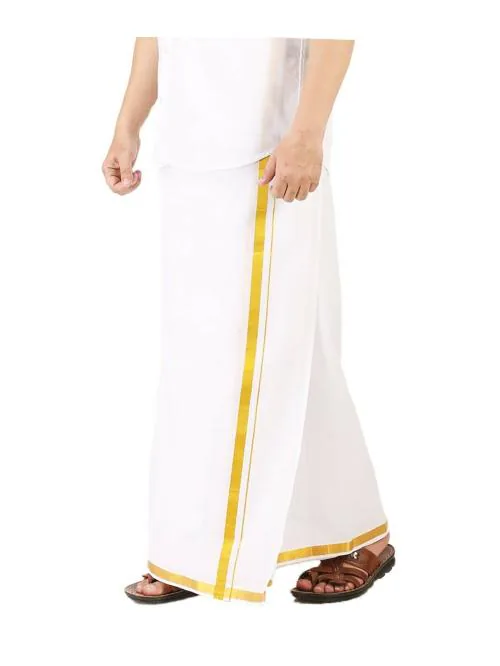 PRAKASAM COTTON COTTON men's Combed Cotton Finer quality Double Dhoti (8 Mulam) -3.80Mtrs/ Double dhoti with gold Jari border dhoti/Zari cotton 8 mulam dhoti