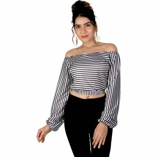 PRIMELADY Women Multicolor Striped Lycra Blend Off Shoulder Crop Top (S)