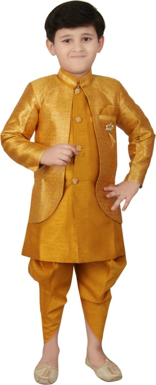 Fourfolds Boys Full Sleeve Ethnic Jacket, Kurta and Dhoti Pant Set