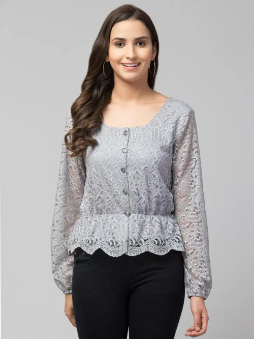 Bitsy Owl Women Grey Self Design Lace Blouson Top|TOPS|WOMEN TOPS|GIRLS TOP|WESTERN WEAR|WOMEN