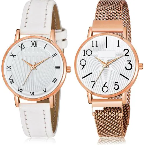 NEUTRON Classical Traditional Roman Numbers And Magnet Chain White And Rose Gold Colour Analog Genuine Leather And Metal Belt 2 Watch Combo For Women And Girls - GW51-GW60