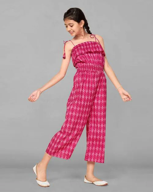 Fashion Dream Girls Pink Ikat Printed Cotton Jumpsuit | Girls Jumpsuit | Kids Wear | Jumpsuit For Girls | Jumpsuit Girls | Kids Jumpsuit