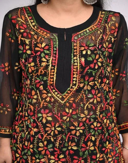 Sparkee Darkee Women Black, Red Georgette Full Jaal Chikankari Kurti (L)