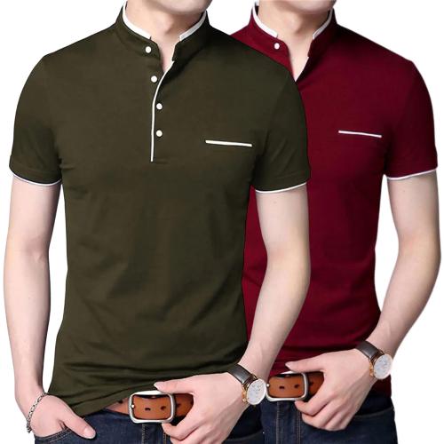 GulGuli Stylish and Handsome Mandarin Collar Half Sleeve T Shirt for men Combo (Pack of 2 ) - (Mehndi Green and Maroon)