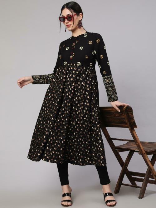 Aks Black Gold Printed Flared Anarkali Kurta With Long Sleeve