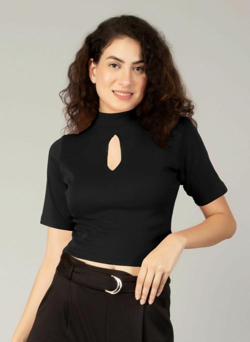 Buy AD2CART A6027 Front Neck Slit High Elbow Sleeve Cropped Top Online