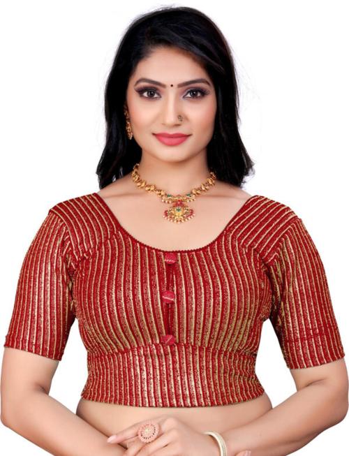 HAUTELOOK Women Maroon Striped Lycra Blend Round Neck Blouse (L)