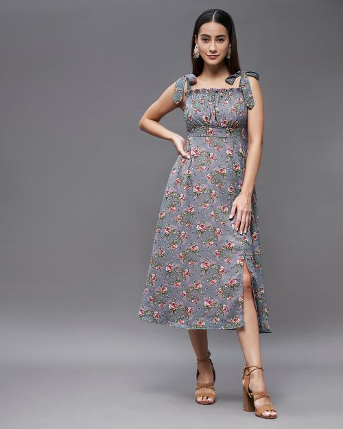 Miss Chase Women Grey Floral Georgette Single Dress