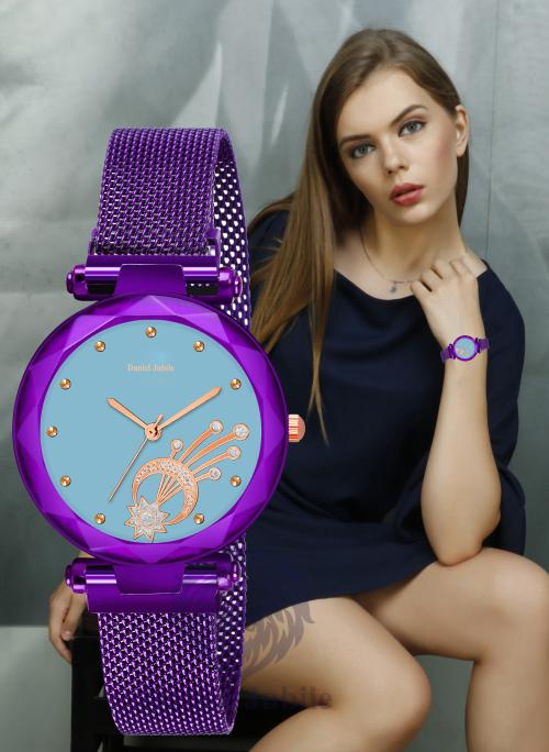 Daniel Jubile Blue Dial 1 Diamond Line Purple Studded Analog Watch For Women