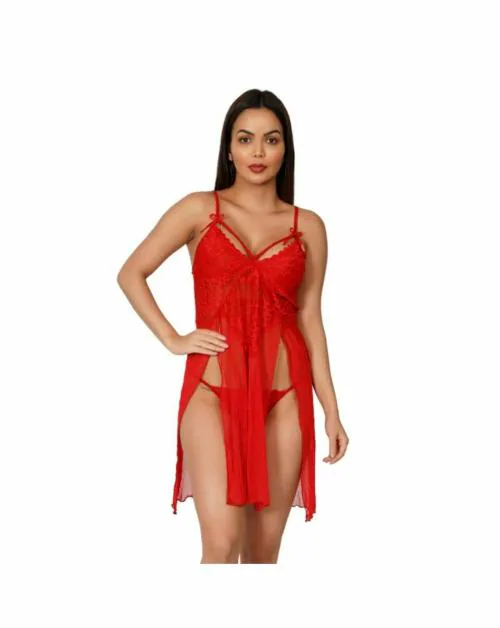 BEAUTY CRAZE Women's Satin Lingerie Red Color Babydoll Set Short Double Slit For Honeymoon