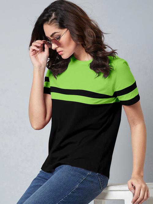 AUSK Neon Green & Black Colorblocked Round Neck Half Sleeve Casual T-Shirt