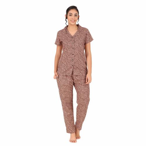 Cozmostore Night Suit for Women Animal Cotton Printed Night Dress Brown Color Night Suit Set of Shirt and Pajama Set Sleepwear for Women