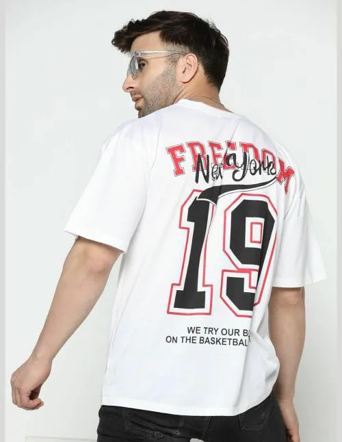 Gritstones Oversized Men White Half Sleeve Front and Black Freedom 19 Printed T-Shirt