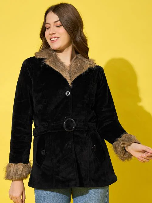 Buynewtrend Black Velvet Winter Coat Women Jacket With Soft Fur