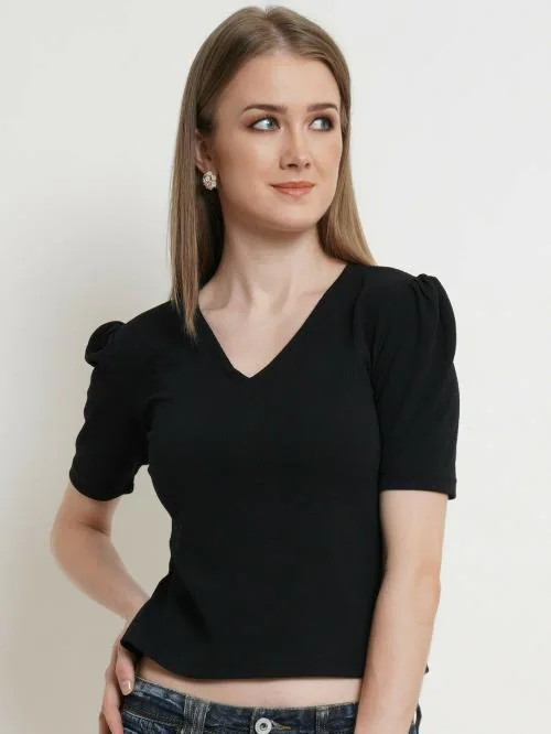 Popwings Women Casual Puff Sleeves Women V Neck Black Top | Tops for Women | Tops For Women Stylish | Tops Latest Design For Women