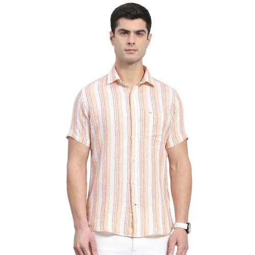 MONTE CARLO Men Orange Striped Linen Casual Shirts