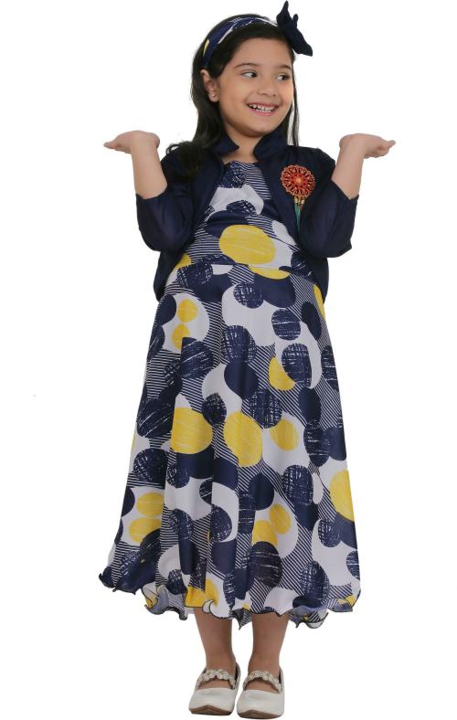 SmartRAHO Girls Blue Printed Poly Silk Single Dress