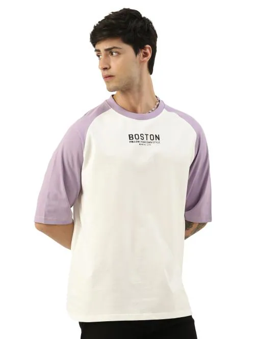 Maniac Mens Printed Round Neck raglan Half Sleeve White and Purple Cotton Oversized Tshirt