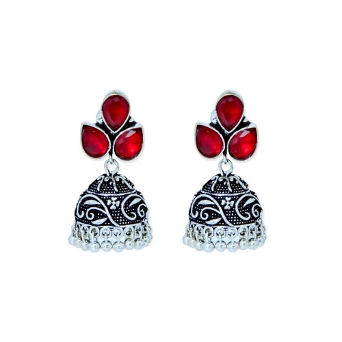 Jewelopia Oxidised Earrings German Silver Jhumki Oxidized Jewellery Red Rhinestone Stylish Pearl Drop Earring For Women and Girls