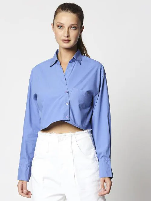 Go Sexy Women Blue Solid Cotton Blend Button Down Casual Shirt (M)