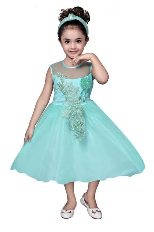 Arshia Fashions Girls Turquoise Net Dress