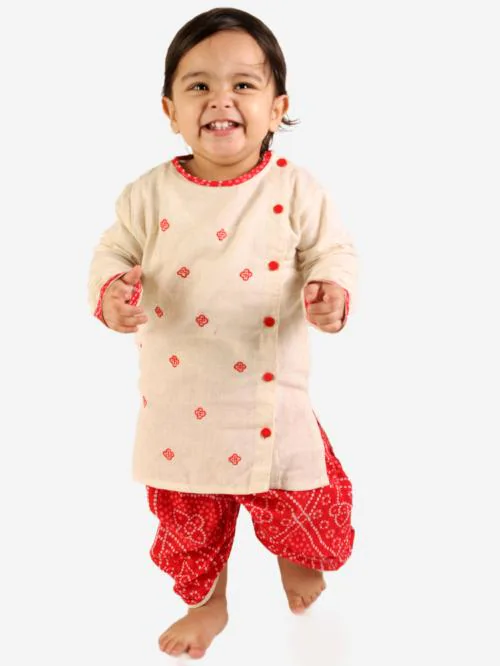 Chakori Boys Cotton Bhandhej Embroidered Traditional Panchakattu Pattern Kurta Dhoti Beige
