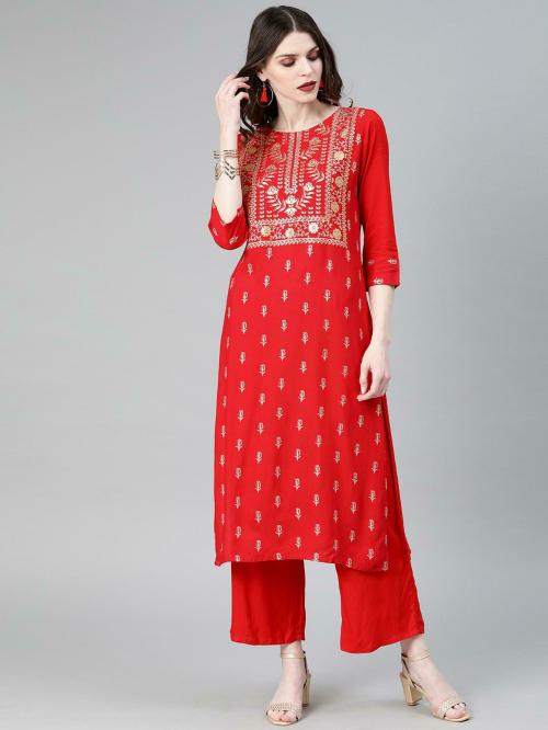 Ziyaa Women's Red Printed Straight Kurti