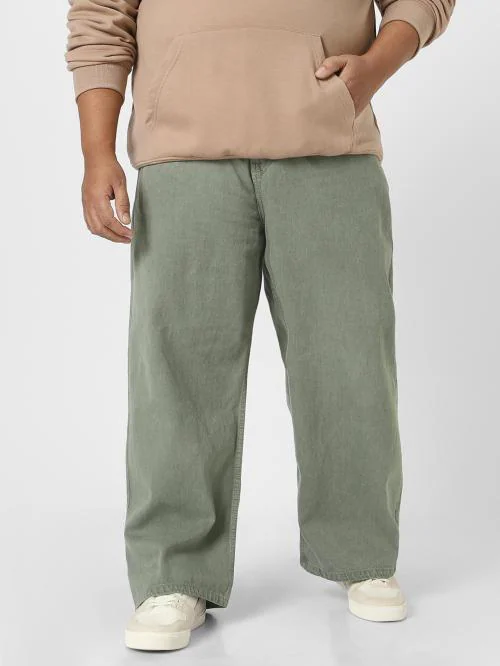 Urbano Plus Men's Olive Green Loose Fit Washed Jeans Non-Stretchable