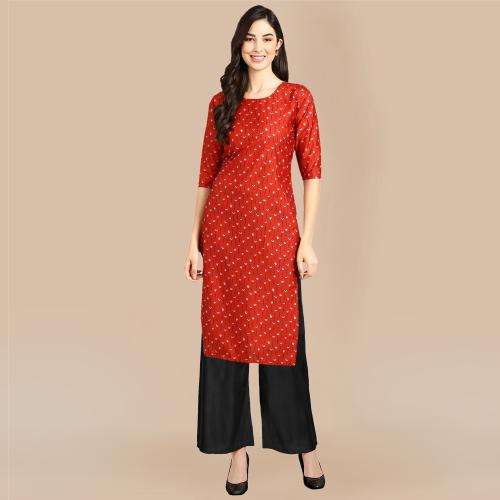 Ethnic Basket Women's Red Color Kurta and Black Palazzo Set {530370-Black Palazzo_S}