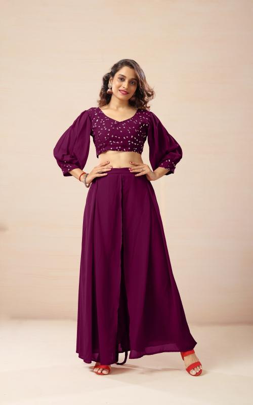 SANCIA Women Georgette Ethnic Top Palazzo Set | Kurta Set For Women | Ethnic Wear Set For Women | Casual Indian Wear (Purple) (L)