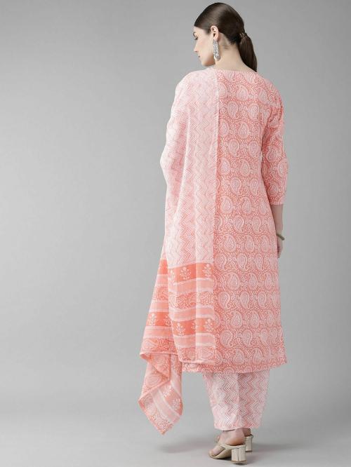 Yufta Women Peach Paisley Yoke Design Pure Cotton Kurta with Palazzos & Dupatta