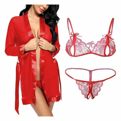ICONIC DEEVA Women Nightwear Robe and Lace Bra Panty Set Lingerie Combo