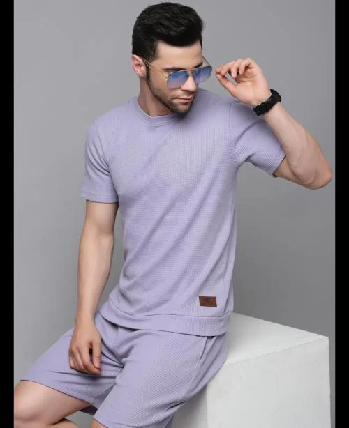 Rigo Men Light Purple Waffle Knit Half Sleeves Co-ord Set