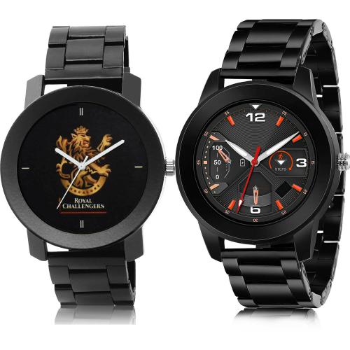 TIMENTER Best Fashionable Royal Challengers Bangalore Squad (Rcb) Ipl Chain And Black Chain Black Colour Analog Metal And Stainless Steel Belt 2 Watch Combo For Boys And Men - IPL16-(40-S-20)
