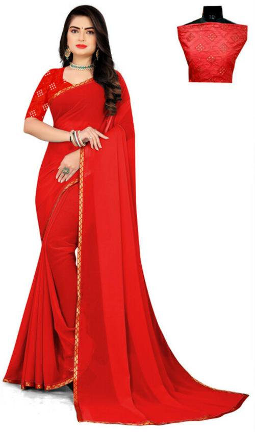 Sareez House Women Red Applique Georgette Bollywood Saree (Mirror-Samosa-Red N)