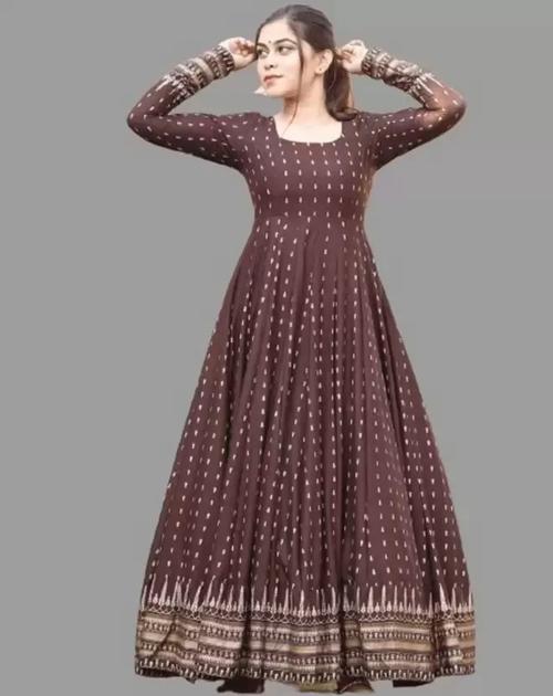 BAIRAJ PRESENT Women's Rayon Printed Long Anarkali Kurta|Gown for Women & Girls|Women's Kurtas & Kurtis (Brown)