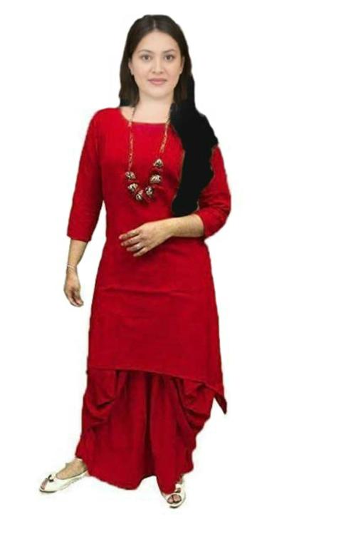 FEMEZONE Women Red Cotton Dhoti Kurta Set - M