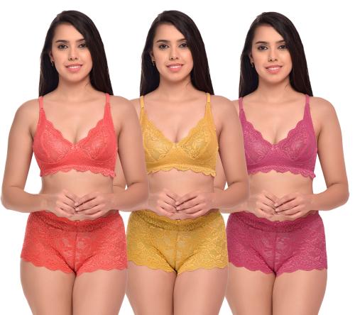 Beach Curve Women Net Bra Panty Set for Lingerie Set ( Pack of 3 ) ( Color : Red,Yellow,Pink )