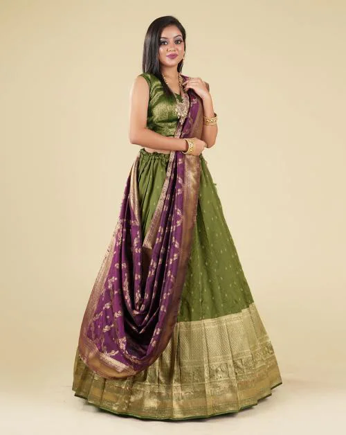 Buy HALFSAREE STUDIO Mehendi Banarasi Silk Zari Woven Pattu Half Saree Online at Best Prices in