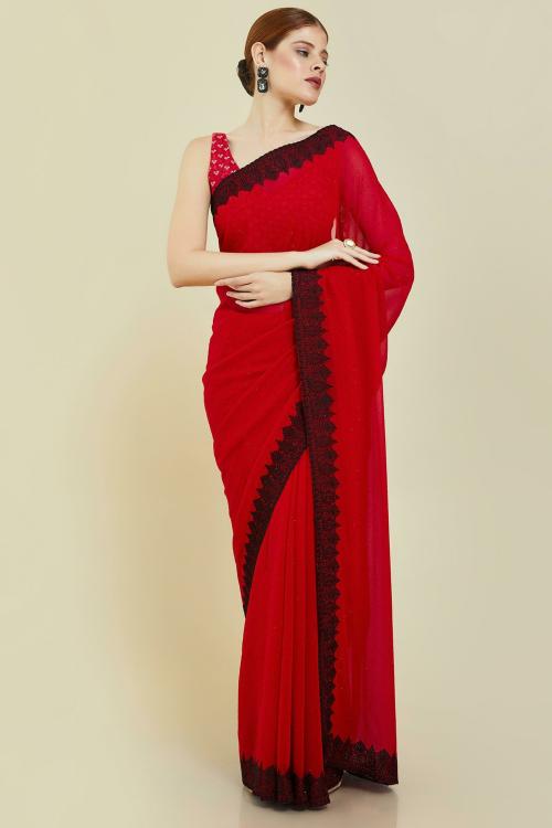 SOCH Women Red Embroidered Single Saree (Free Size)
