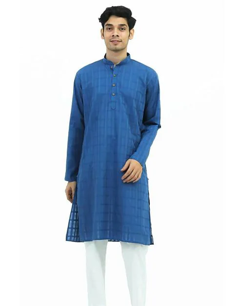 Bluesaanchi Men Blue Cotton Check Kurta Set