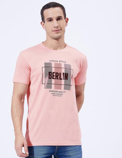Ben Martin Men's Round Neck Half Sleeve Slim Fit Printed Cotton T-shirt Peach