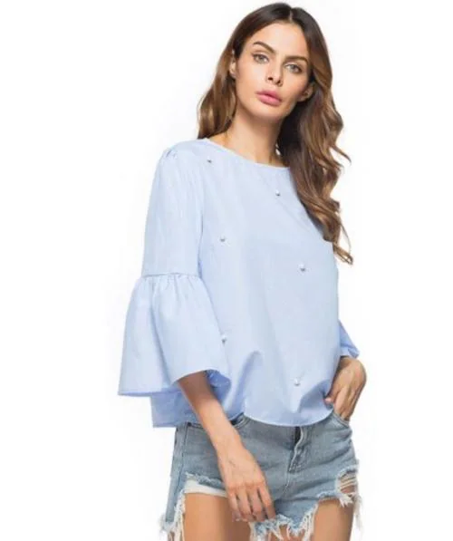 FabRange  Casual Sky blue Bell Sleeves Pearl Top