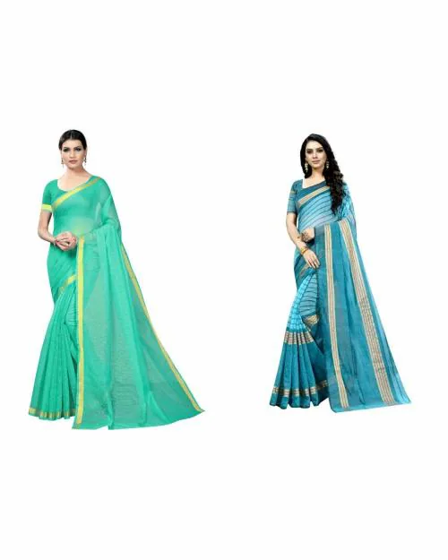 Vkaran Women's Rama & Firozi Colour Cotton Silk Saree With Blouse pack of 2