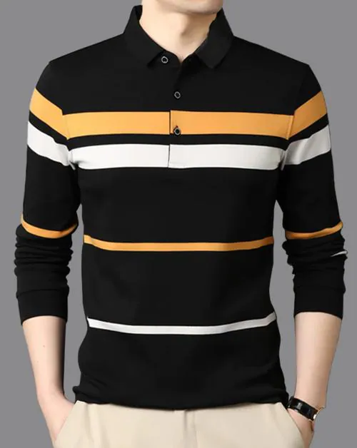 Buy EYEBOGLER Men's Polo Neck Regular Fit Full Sleeves Striped Black T ...